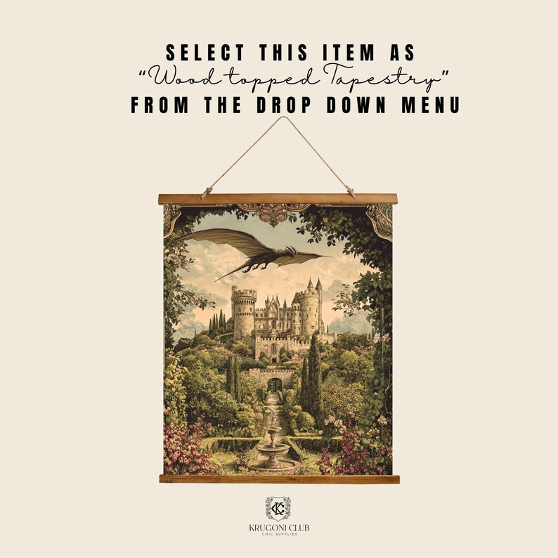 Pode incluir: Uma tape&ccedil;aria de parede retangular com um castelo e um drag&atilde;o voador, suspensa por uma haste de madeira com um cord&atilde;o. O texto diz: SELECT THIS ITEM AS "Wood topped Tapestry" FROM THE DROP DOWN MENU. Abaixo est&aacute; o log&oacute;tipo KRUGONI CLUB.
