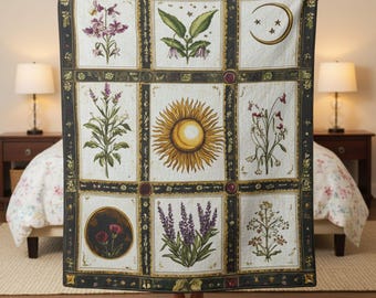 Vintage Botanical Throw Blanket | Spring Home Decor  |  Witchy Botanical Art | Sun Moon Artwork Gifts
