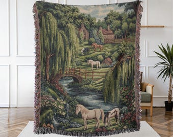 Medieval Forest Tapestry Wall Hanging, Horse Landscape Blanket, Vintage European Cottagecore Decor, Woven Green Nature Throw