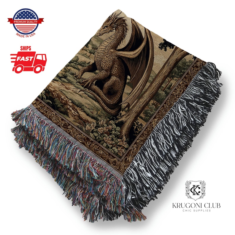 May include: A woven throw blanket featuring a detailed illustration of a dragon in shades of brown, tan, and green. The blanket has a fringed edge with multiple colors. The dragon is set against a backdrop of a forest scene.