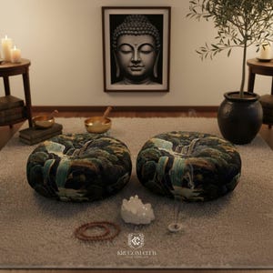 Two round floor pillows with a Japanese Hokusai-style waterfall print placed on a soft grey rug in a tranquil meditation space. The scene includes a large Buddha wall art, incense, crystal, prayer beads, candles, singing bowls, and a potted plant, creating a peaceful and spiritual atmosphere.