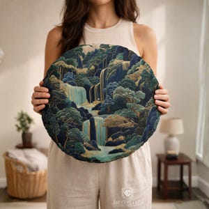 Hokusai Ukiyo-e Waterfall Round Floor Pillow I Print Blue Green Japanese Home Decor image 4