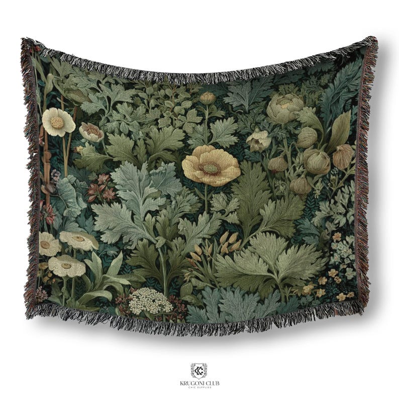 May include: A woven throw blanket featuring a botanical design with yellow poppies and various green foliage. The blanket has a dark background and a fringed edge. The design includes detailed illustrations of flowers and leaves.