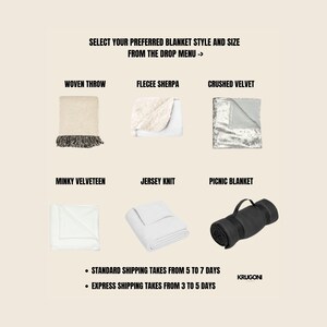 May include: Image showcasing various blanket styles: Woven Throw, Fleece Sherpa, Crushed Velvet, Minky Velveteen, Jersey Knit, and Picnic Blanket. Text reads "SELECT YOUR PREFERRED BLANKET STYLE AND SIZE FROM THE DROP MENU ->".