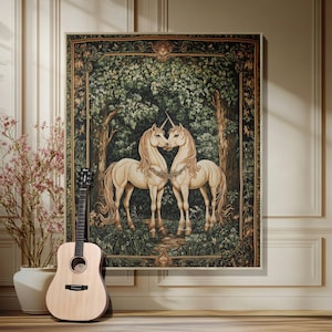 Medieval Unicorn Couple I Medieval Tapestry Blanket Gifts Couples, Dark Green Leaf Pattern Couch Throw, 100% Cotton Forestcore Cottage Decor