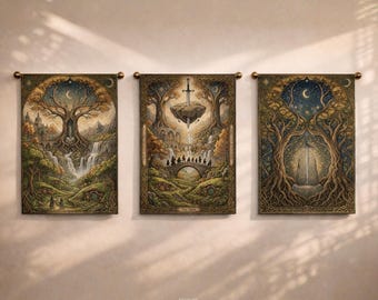 Hobbitcore Tapestry Wall Hanging, Fantasy Forest Triptych, Woven Medieval Wall Art, Elven Cottagecore Decor, Bookish Homedecor