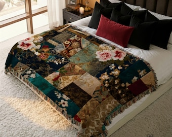Japanese Patchwork Woven Blanket, Asian Floral Tapestry Zen Nature Wall Hanging, Serene Home Decor