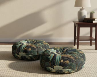 Hokusai Ukiyo-e Waterfall Round Floor Pillow I Print Blue Green Japanese Home Decor