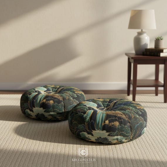 Hokusai Ukiyo-e Waterfall Floor Pillow I Print Blue Green Japanese Home Decor