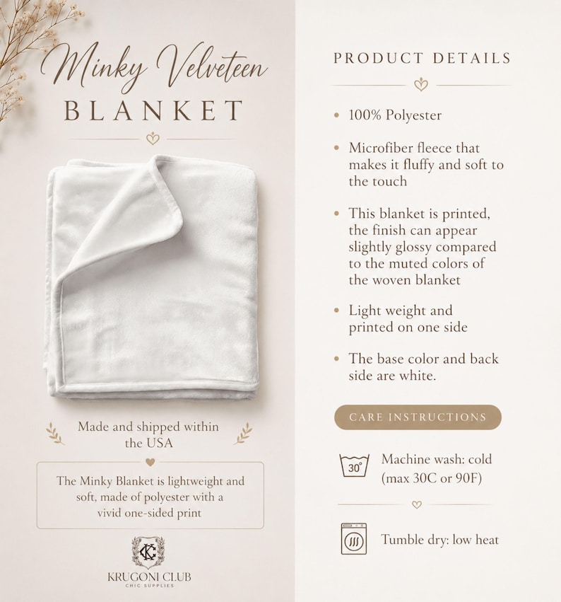 May include: A white Minky Velveteen blanket made of 100% polyester microfiber fleece. The product details state it is lightweight, fluffy, soft to the touch, and features a one-sided print. Care instructions include machine wash cold at max 90F.