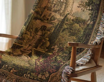 Medieval Tapestry Wall Hanging - Woven 100% Cotton Dragon Blanket - Fantasy Castle Landscape Wall Decor