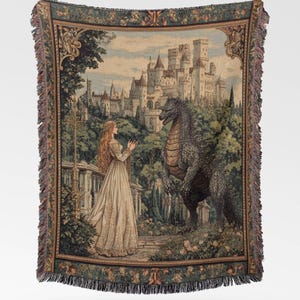Medieval Forest Kaiju Tapestry -  100% Cotton Woven Wall Hanging, Castle Decor Fantasy Tapestry Woven Throw Blanket Fringe Blanket, Gift Her