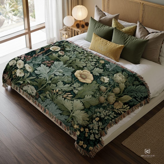 Enchanted Forest Woven Blanket – Botanical Tapestry Wall Hanging, Morris inspired Decor,  Green Home Accent
