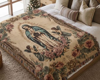 Our Lady of Guadalupe Woven Blanket – Catholic Mom Gift, Virgin Mary Throw, Religious Gift  Mothers Day