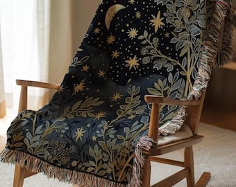 Celestial Woven Tapestry Blanket Moon Stars Wall Hanging Blue Boho Throw Large Art Constellation Decor Whimsical Gift