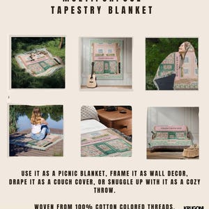 May include: Multipurpose tapestry blanket featuring a bookstore design. The blanket is shown in various settings: as a picnic blanket, wall decor, couch cover, and cozy throw. The text on the blanket reads "Colleen's Book Shop" and "Jade's Book Club". Woven from 100% cotton.