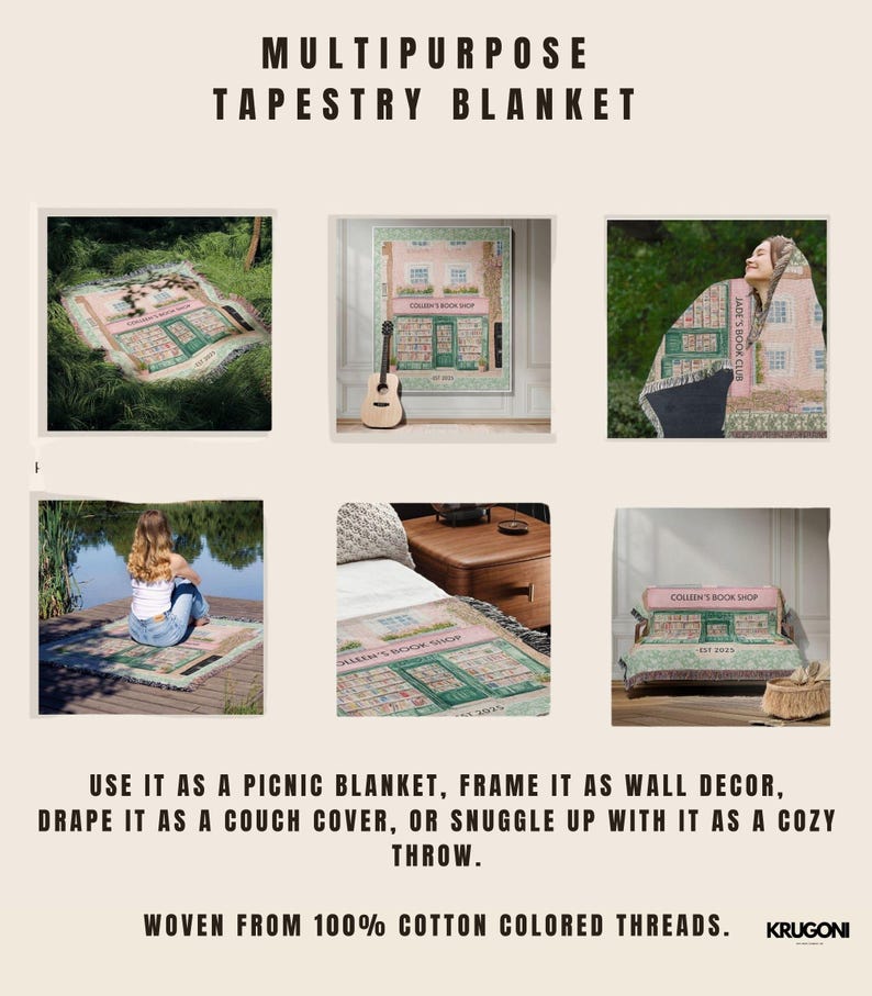 May include: Multipurpose tapestry blanket featuring a bookstore design. The blanket is shown in various settings: as a picnic blanket, wall decor, couch cover, and cozy throw. The text on the blanket reads "Colleen's Book Shop" and "Jade's Book Club". Woven from 100% cotton.
