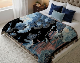 Japanese Woven Tapestry Blanket Hokusai Inspired Wall Hanging Ukiyo-e Art Japandi Decor Zen Wabi Sabi Blue Cotton Throw Gift