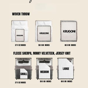 May include: A size chart for woven throws and fleece sherpa blankets. The woven throws are available in 37 x 52 inches, 50 x 60 inches, and 60 x 80 inches. The fleece sherpa blankets are available in small (37 x 52 inches), medium (50 x 60 inches), and large (60 x 80 inches).