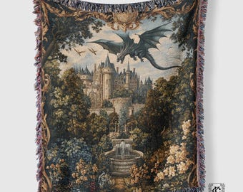 Medieval Dragon Tapestry Blanket: 100% Cotton Woven Castle, Book Nook Decor Wall, Gothic Castle Wall Hanging