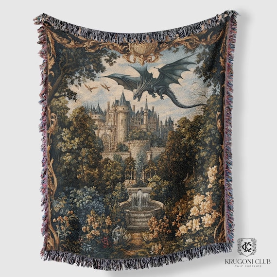 Medieval Dragon Tapestry Blanket: 100% Cotton Woven Castle, Book Nook Decor Wall, Gothic Castle Wall Hanging