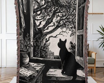 Fall Host Gift, Black Cat Throw, Halloween Decor, Gothic Window Scene, Woven Blanket, Dark Academia, Housewarming Present, Heirloom Tapestry