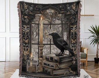 Raven Book Lover Blanket, Gothic Woven Throw, Dark Academia Decor, Bibliophile Gift, Halloween Blanket, Whimsigoth Reading Nook Decor
