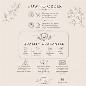 May include: An informational graphic titled HOW TO ORDER and QUALITY GUARANTEE on a light beige background. It features numbered steps, checkmark icons, and text explaining order processes, quality policies, and contact information for the shop.