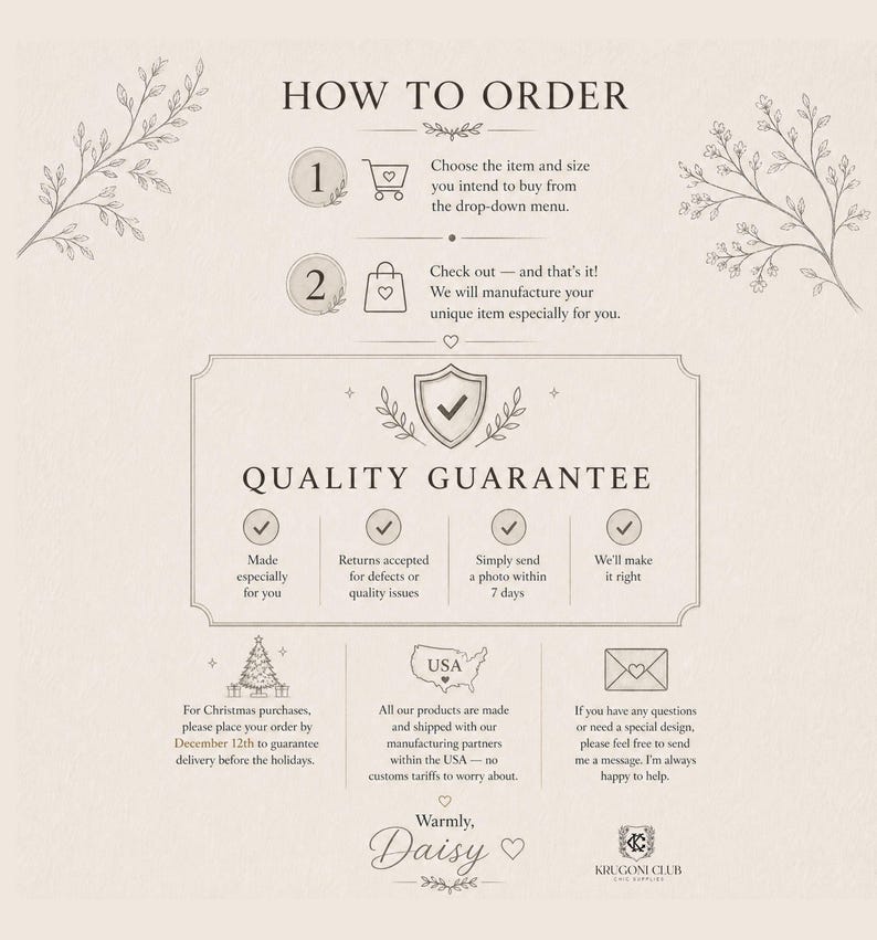 May include: An informational graphic titled HOW TO ORDER and QUALITY GUARANTEE on a light beige background. It features numbered steps, checkmark icons, and text explaining order processes, quality policies, and contact information for the shop.