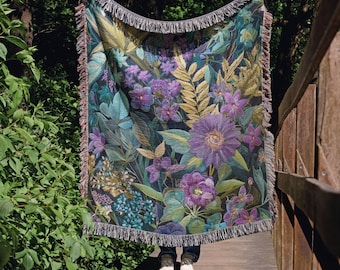 Jewel Tone Decorative Blanket I Faux Embroidery Tapestry, Purple Flowers Botanical Decor