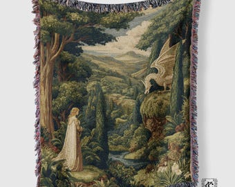 Medieval Fantasy Woven Blanket – White Dragon Tapestry, Dark Forest Landscape Wall Art, Gothic Home Decor, Fairytale Gift Romantasy Reader