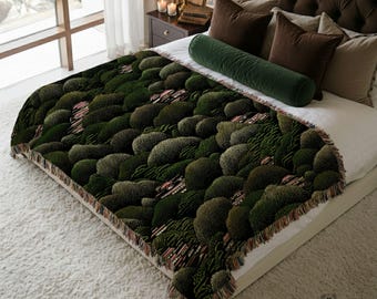 Japanese Landscape Woven Blanket, Green Bedroom Decor, Hillside Tapestry, Textile Wall Hanging, Serene Home Decor