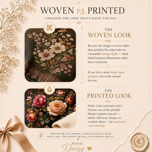 May include: An informational graphic titled WOVEN vs PRINTED comparing two blanket styles. The top section shows a woven floral textile with muted tones and fringe. The bottom section displays a printed floral fabric with vibrant colors and a white sherpa backing.