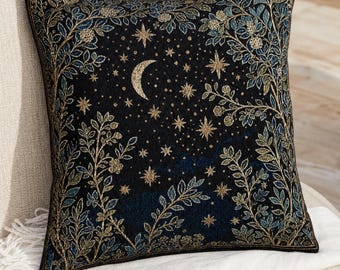 Celestial Moon & Stars Pillow, Botanical Tapestry Cushion, Blue Gold Decor, Astrology Aesthetic, Cozy Gift for Her, Cottagecore Decor
