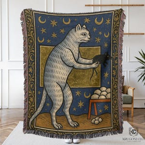 Weird Medieval Cat Woven Tapestry | Funny Quirky Magical Throw Blanket | Witchy Vintage Bookish Home Decor Gift | Wall Tapestry Hanging