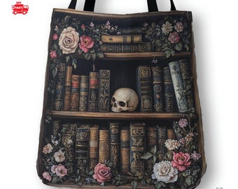 Gothic Library Woven Tote Bag, Dark Academia Book Lover Bag, Woven Tapestry Tote, Skull Bookshelf Purse, Bibliophile Gift for Her