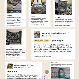 May include: A collage of customer reviews featuring various woven blankets with diverse designs including floral patterns, landscapes, and bookshop scenes, displayed alongside five-star ratings and text testimonials on a light beige background.