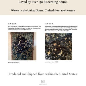 May include: A dark blue tapestry with a celestial design featuring a crescent moon, stars, and foliage. The tapestry is woven in the United States from 100% cotton. The text reads "Loved by over 150 discerning homes."