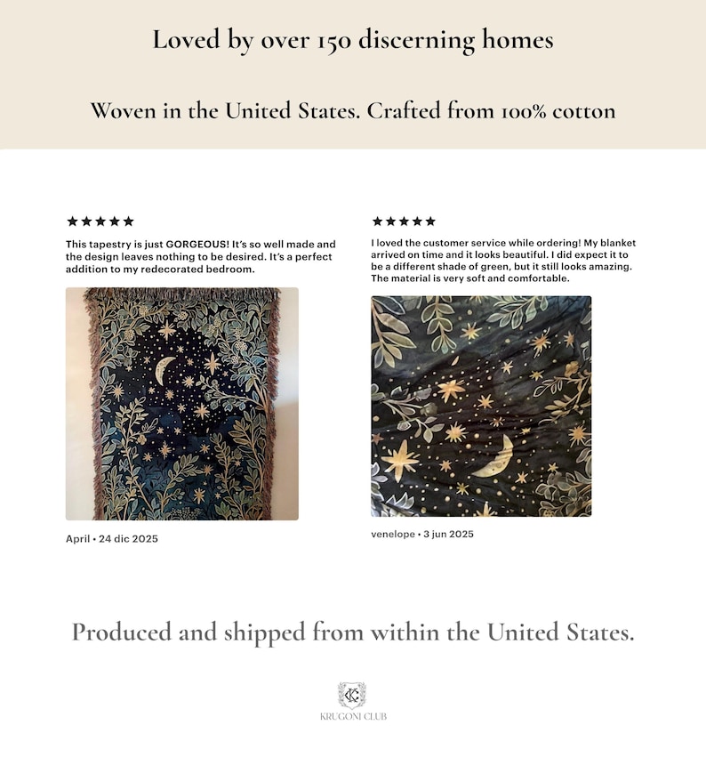 May include: A dark blue tapestry with a celestial design featuring a crescent moon, stars, and foliage. The tapestry is woven in the United States from 100% cotton. The text reads "Loved by over 150 discerning homes."