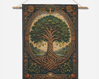 Celtic Tree of Life Tapestry Wall Hanging – St. Patrick’s Day Irish Decor, Woven Celtic Knot Textile Art 36x26