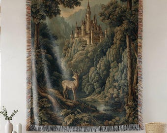 Irish Medieval Castle Woven Blanket: Cotton Tapestry Throw, Fantasy Home Decor