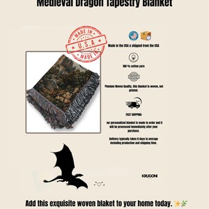 May include: A woven tapestry blanket with a medieval dragon design. The blanket features a detailed landscape scene in shades of brown, green, and gray, with a fringed edge. The text "Medieval Dragon Tapestry Blanket" is at the top.