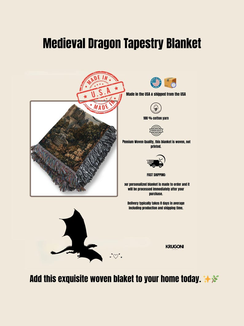 May include: A woven tapestry blanket with a medieval dragon design. The blanket features a detailed landscape scene in shades of brown, green, and gray, with a fringed edge. The text "Medieval Dragon Tapestry Blanket" is at the top.