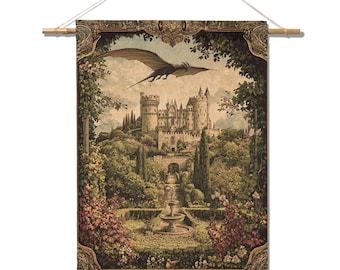 Dragon Castle Tapestry, Medieval Wall Hanging, Woven Cotton Blanket, Romantasy Room Decor, Gothic Fantasy Art, Book Lover Gift