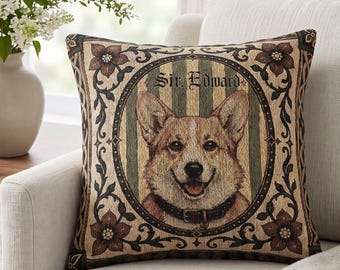 Custom Corgi Dog Pillow, Pet Portrait from Photo, Personalized Woven Cushion, Medieval Decor, Corgi Gifts, Dog Mom Gift, Corgi Mom Gift
