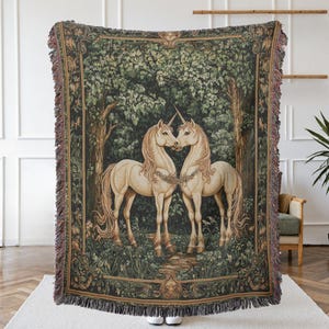Unicorn Couple, Medieval Forest Tapestry Wall Hanging - Romantic Farycore Decor, Wedding Gifts, Woven Throw Blanket,  Valentines Day Gift