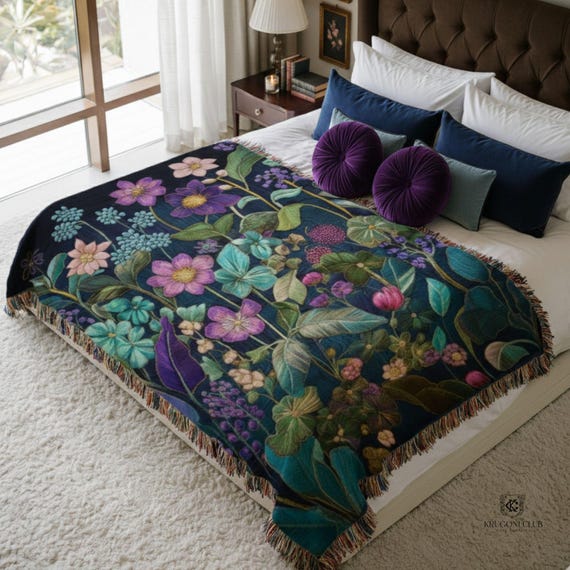 Purple Floral Wall Tapestry, Dark Green Chinoiserie Hanging, Calm Jewel Tone Japanese Blanket
