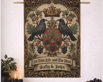 Gothic Crest Tapestry Custom Family Name Woven Throw | Personalized Coat of Arms Goth Style Wall Hanging Ravens Couple Vintage Home Decor