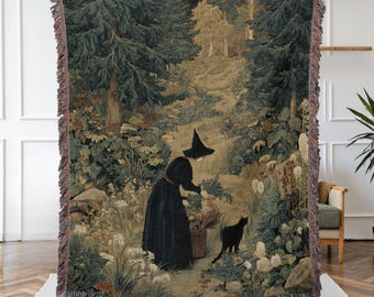 Enchanted Forest Witchy Blanket, Woven Tapestry, 100% Cotton Wall Hanging Halloween Decor, Historical Tapestry, Black Cat Blanket Gifts Her