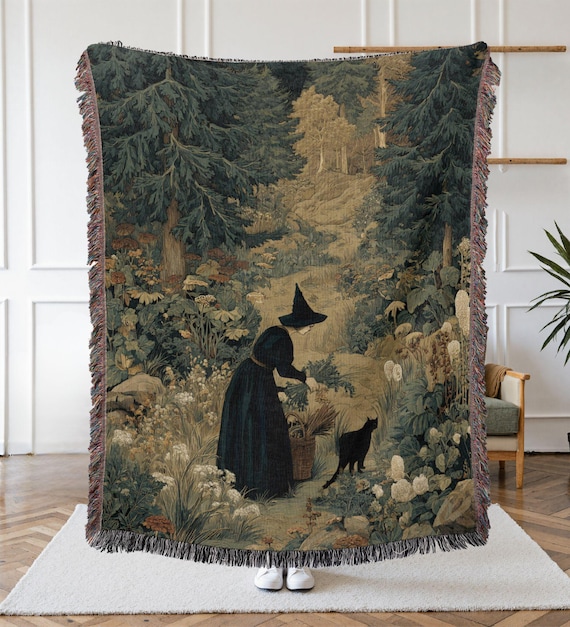 Enchanted Forest Witchy Blanket, Woven Tapestry, 100% Cotton Wall Hanging, Castle Decor, Historical Tapestry, Black Cat Blanket Gifts Her